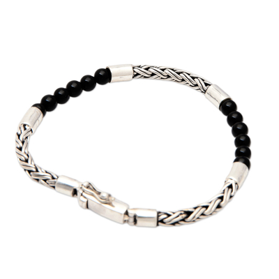 Onyx beaded bracelet, 'Shadow Orbit' - Traditional Polished Onyx Beaded Bracelet from Bali