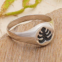 Sterling silver domed ring, 'Monstera Sign' - Leaf-Themed Polished Sterling Silver Domed Ring from Bali