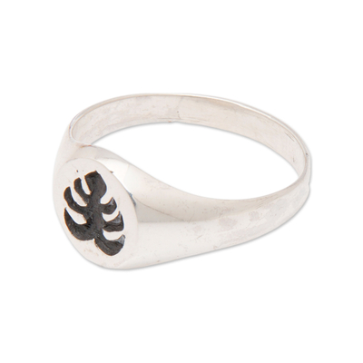 Sterling silver domed ring, 'Monstera Sign' - Leaf-Themed Polished Sterling Silver Domed Ring from Bali