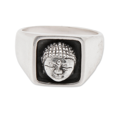Sterling silver signet ring, 'Tranquil Sage' - Buddha-Inspired Sterling Silver Signet Ring from Bali
