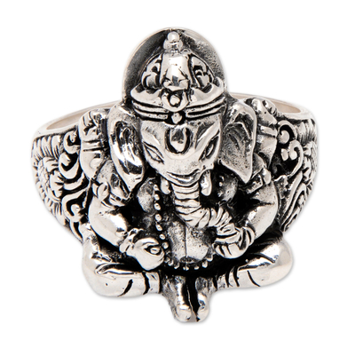 Anillo de cóctel de plata de ley - Anillo de cóctel tradicional de plata de ley inspirado en Ganesha
