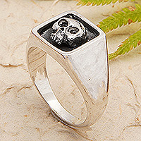 Men's sterling silver signet ring, 'Father Skull' - Men's Sterling Silver Signet Ring with Skull Motif from Bali