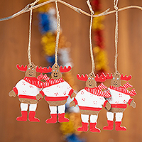 Wood ornaments, 'Smiley Moose' (set of 4) - 4 Hand-Painted Wood Moose Christmas Ornaments from Bali
