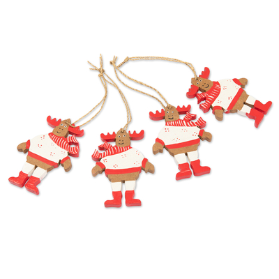 Wood ornaments, 'Smiley Moose' (set of 4) - 4 Hand-Painted Wood Moose Christmas Ornaments from Bali