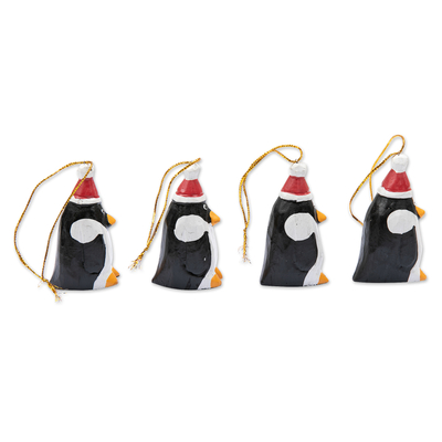 Wood ornaments, 'Christmas Penguins' (set of 4) - 4 Hand-Painted Wood Penguin Christmas Ornaments from Bali