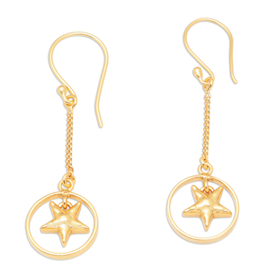 Gold-plated dangle earrings, 'Lucky Gala' - Star-Themed 18k Gold-Plated Dangle Earrings from Bali