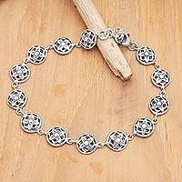 Sterling silver link bracelet, 'Flower Heart'