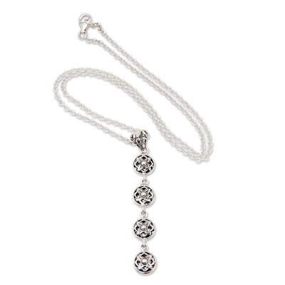 Sterling silver Y necklace, 'Flower Heart' - Polished Floral Sterling Silver Y Necklace from Bali