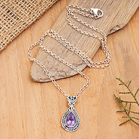 Amethyst pendant necklace, 'Gleam of Wisdom' - Faceted One-Carat Amethyst Pendant Necklace from Bali