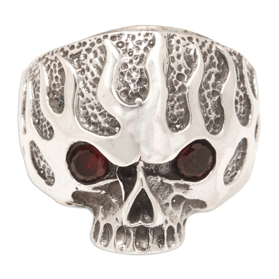Men's garnet cocktail ring, 'Fire Skull' - Men's Sterling Silver Skull Cocktail Ring with Garnet Stones