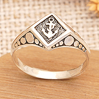 Men's sterling silver signet ring, 'Sea Anchor' - Men's 925 Silver Signet Ring with Anchor Motif from Bali