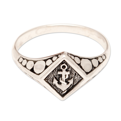 Men's sterling silver signet ring, 'Sea Anchor' - Men's 925 Silver Signet Ring with Anchor Motif from Bali