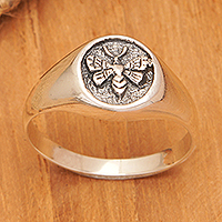 Sterling silver signet ring, 'Morning Bee' - Sterling Silver Signet Ring with Bee Motif from Bali
