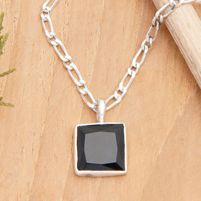 Onyx pendant necklace, 'Night Pond' - Modern Sterling Silver Necklace with Square Onyx Pendant