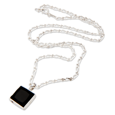 Onyx pendant necklace, 'Night Pond' - Modern Sterling Silver Necklace with Square Onyx Pendant