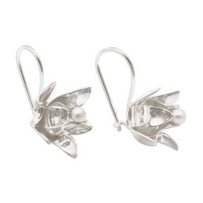 Cultured pearl drop earrings, 'Awakening Lotus' - Bridal Lotus-Shaped Drop Earrings with Silver-White Pearls