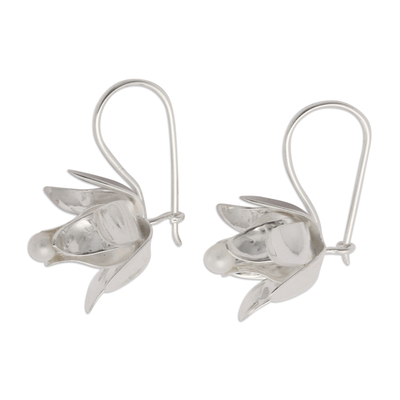 Cultured pearl drop earrings, 'Awakening Lotus' - Bridal Lotus-Shaped Drop Earrings with Silver-White Pearls