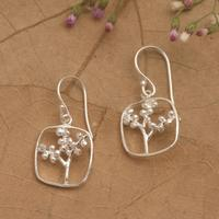 Sterling silver dangle earrings, 'Berry Blooms' - Tree-Themed Square Sterling Silver Dangle Earrings