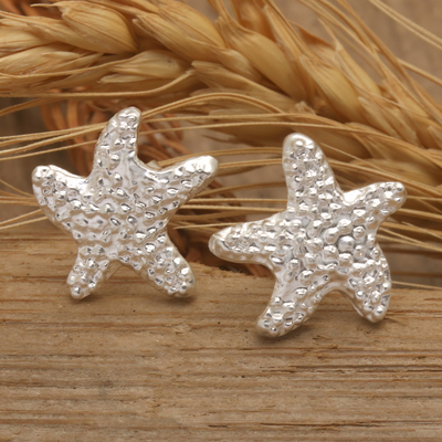 Sterling silver stud earrings, 'Starfish Splendor' - Textured Sterling Silver Starfish Stud Earrings from Bali