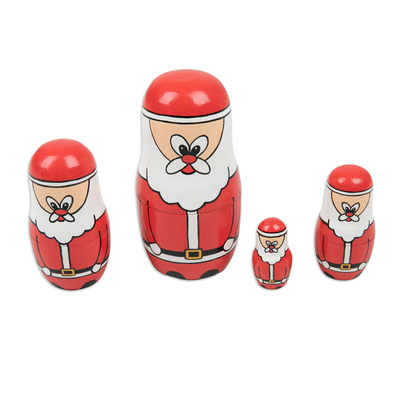Muñecos nido de teca reciclada (juego de 4) - Juego de 4 muñecos anidados de Papá Noel de teca reciclada pintados a mano