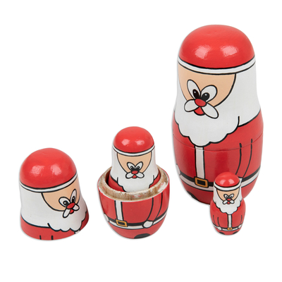 Muñecos nido de teca reciclada (juego de 4) - Juego de 4 muñecos anidados de Papá Noel de teca reciclada pintados a mano