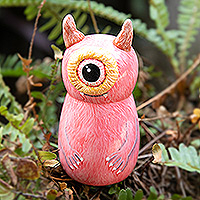 Recycled teak figurine, 'Pink Minion' - Hand-Painted Whimsical Pink Recycled Teak Ogre Figurine