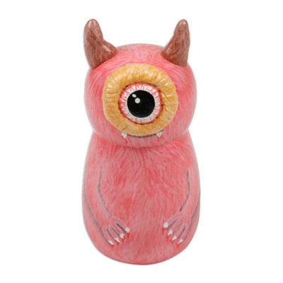 Recycled teak figurine, 'Pink Minion' - Hand-Painted Whimsical Pink Recycled Teak Ogre Figurine