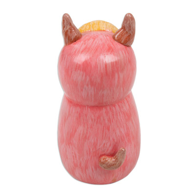 Recycled teak figurine, 'Pink Minion' - Hand-Painted Whimsical Pink Recycled Teak Ogre Figurine