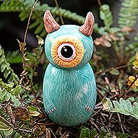 Recycled teak figurine, 'Turquoise Minion' - Hand-Painted Whimsical Turquoise Recycled Teak Ogre Figurine