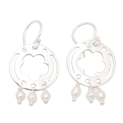 Aretes colgantes de perlas cultivadas - Aretes colgantes florales de plata esterlina con perlas grises