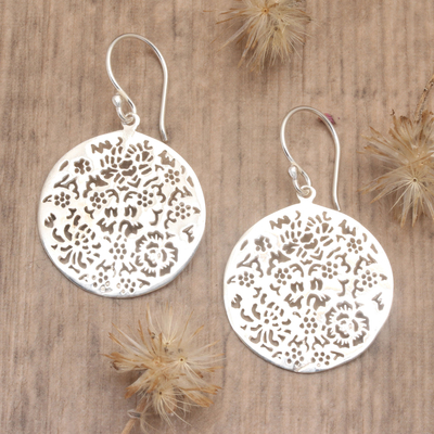 Sterling silver dangle earrings, 'Blooming Summer' - Floral and Leafy Round Sterling Silver Dangle Earrings