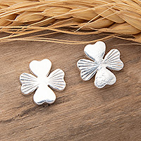 Sterling silver stud earrings, 'Sprouting Clover' - Lucky Clover-Shaped Sterling Silver Stud Earrings from Bali