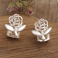 Sterling silver stud earrings, 'Baby Rose' - Openwork Sterling Silver Rose & Leaf Stud Earrings from Bali