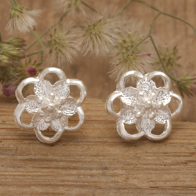 Sterling silver stud earrings, 'Hibiscus Flower' - Openwork Textured Sterling Silver Floral Stud Earrings
