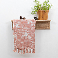 Bufanda de rayón, 'Peach Mosaic' - Bufanda tejida a mano de melocotón y blanco 100% rayón con flecos