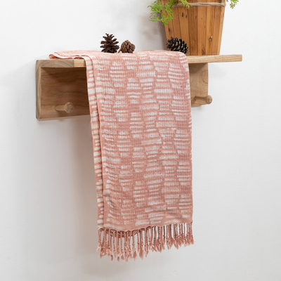 Rayon scarf, 'Peach Mosaic' - Handwoven Peach and White 100% Rayon Scarf with Fringes