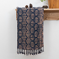Bufanda de rayón, 'Mosaico de medianoche' - Bufanda tejida a mano de medianoche y marrón 100% rayón con flecos