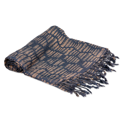 Rayon scarf, 'Midnight Mosaic' - Handwoven Midnight and Brown 100% Rayon Scarf with Fringes