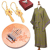 Set de regalo seleccionado - Set de regalo curado con temática tropical, aretes de bata y piano de pulgar