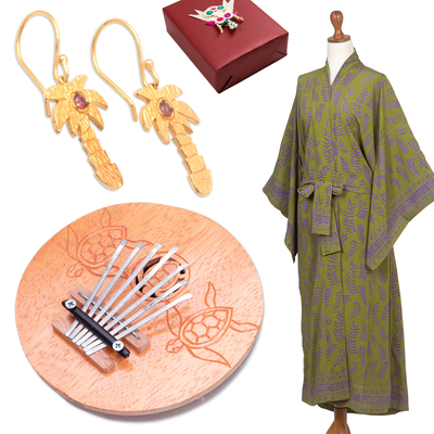 Curated gift set, 'Tropical Trio' - Robe Earrings & Thumb Piano Tropical-Themed Curated Gift Set