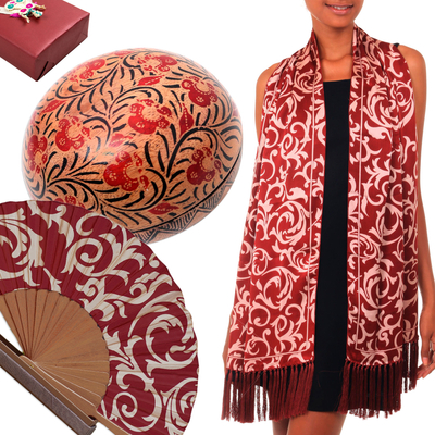 Curated gift set, 'Classic Batik' - Leafy and Floral Red Batik-Themed Curated Gift Set from Bali