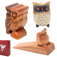 Kuratiertes Geschenkset „Owl-some Trio“ – Holz-Eulen-Puzzlebox-Statuette und Türstopper-Geschenkset
