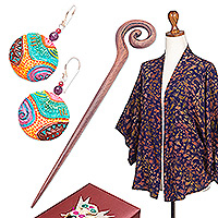 Set de regalo seleccionado, 'Vibrant Bali' - Set de regalo seleccionado con pendientes de chaqueta tipo kimono y horquilla para el cabello