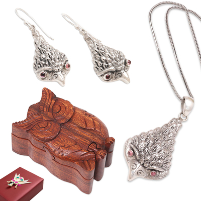 Curated gift set, 'Precious Owl' - Puzzle Box Amethyst Necklace & Earrings Owl Curated Gift Set