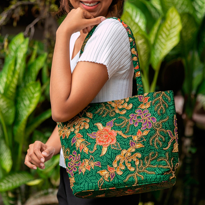 Curated gift set, 'Bali Green' - Curated Gift Set with Batik Tote Bag Shawl and Jewelry Box