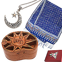 Curated gift set, 'Sun and Moon' - Curated Gift Set with Silk Scarf Silver Necklace Puzzle Box