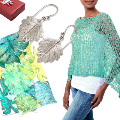 Curated gift set, 'Magical Greenery' - Green Leaf-Themed Shawl Earrings and Poncho Curated Gift Set