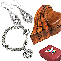 Curated gift set, 'Love Actually' - Curated Gift Set with Puzzle Box Silver Earrings & Bracelet