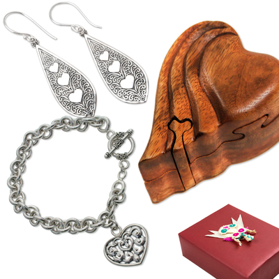 Curated gift set, 'Love Actually' - Curated Gift Set with Puzzle Box Silver Earrings & Bracelet