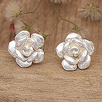 Sterling silver stud earrings, 'Blooming Glam' - Sterling Silver Floral Stud Earrings with Sandblasted Finish
